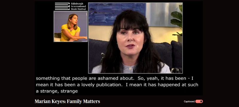 Two people are pictured on a video call as part of an online event. Below the two images are captions of what is being said, the event name is written below that and the captions toggle is pictured near the bottom right.