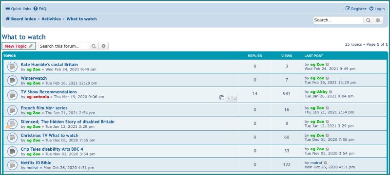Screenshot showing the 'What to watch' section of the forum. The 'New Topic' button can been seen towards the top left of the image and has been emphasised with a teal box around it.