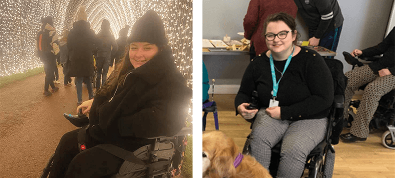 Two images of Kayleigh in her power wheelchair.