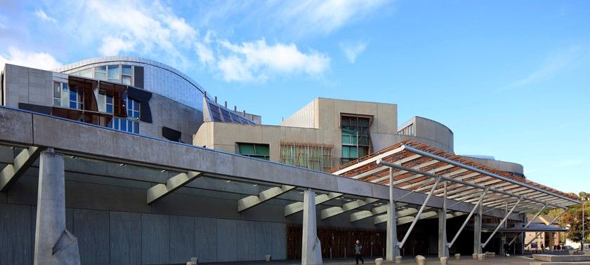 A photograph of the exterior of the Scottish Parliament building with blue skies above
