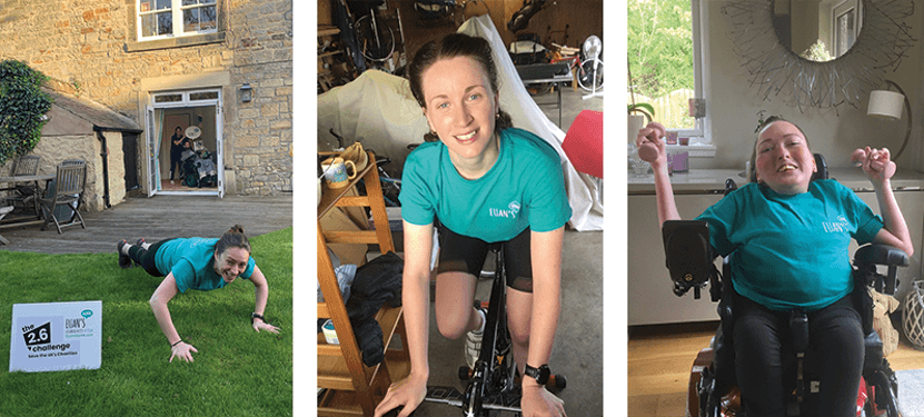 Image of Antonia doing push ups, Laura cycling and Claire using weights.
